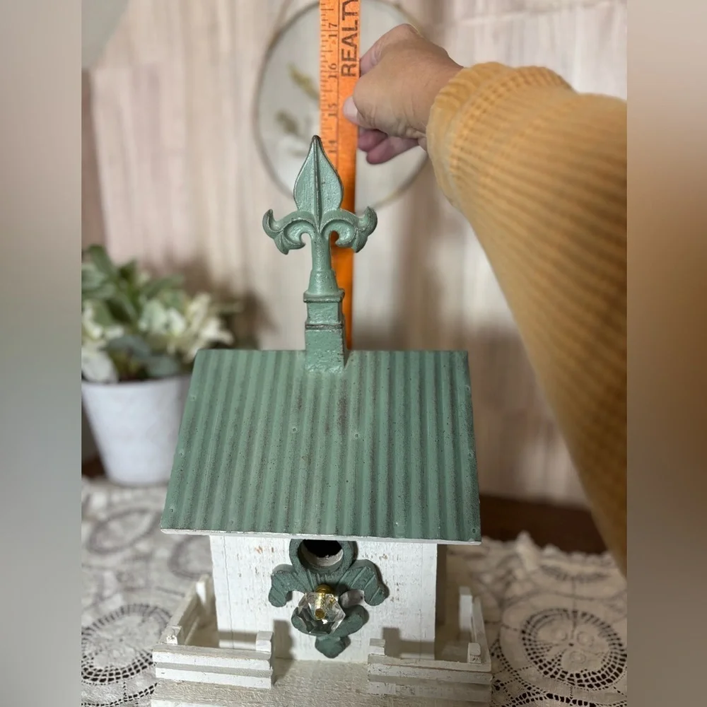 Elegant Handcrafted Green Cream Church Birdhouse Fleur-de-Lis Rustic Farmhouse